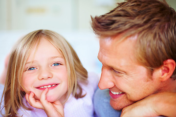 Image showing Smile, portrait and dad with child on bed for bonding, relaxing and spending time together. Happy, love and young father talking and resting with girl kid from Australia in bedroom at family home.