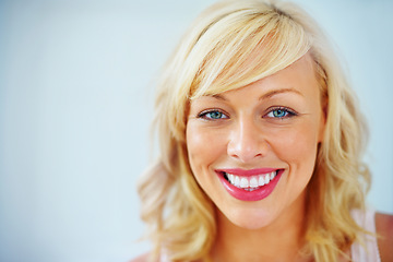 Image showing Portrait, skincare and beauty of happy woman in makeup isolated on a white background mockup. Face, cosmetics and blonde model in spa facial treatment, lipstick and healthy glow, shine or young
