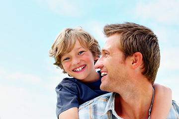 Image showing Father, son and smile outdoor with piggyback for bonding, relationship and freedom with blue sky in nature. Family, man and boy child with playing, care and love for excitement, peace and support