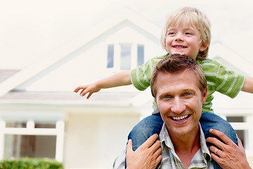 Image showing Father, son and happy outdoor with piggyback for bonding, relationship and freedom in garden of house. Family, man or boy child with playing, flying and love for excitement, peace and support at home