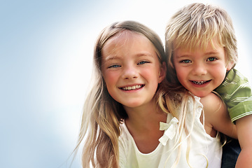 Image showing Siblings, sister and brother or portrait with piggyback for bonding, relationship and freedom with blue sky. Family, girl and boy kid with play, care and love for happy, peace or support with mock up