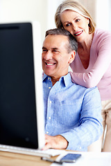 Image showing Financial, planning or senior couple with computer in home for retirement savings or pension budget. Hug, finance news or mature man with a happy woman for house bills, profit growth or research