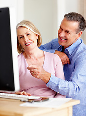 Image showing Budget, mature or happy couple with computer for retirement savings, news or pension in home. Planning, funny joke or senior man talking to a woman for house bills, profit growth or research online