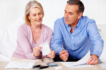 Image showing Home, financial and senior couple with documents, budget and mortgage debt with insurance checklist, savings and asset management. Apartment, old woman or mature man with paperwork or retirement fund