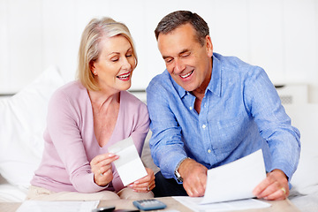 Image showing Home, finance and senior couple with documents, savings and mortgage debt with insurance checklist, budget and asset management. Apartment, old woman and mature man with paperwork and retirement fund