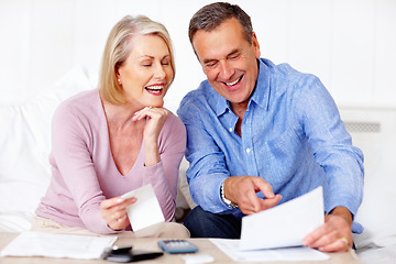 Image showing Home, finance and senior couple with paperwork, savings or mortgage debt with insurance checklist, life or asset management. Apartment, old woman or mature man with budget planning or retirement fund