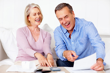 Image showing Home, financial and old couple with documents, savings and mortgage debt with insurance checklist, life and asset management. Apartment, senior woman and mature man with paperwork and retirement fund