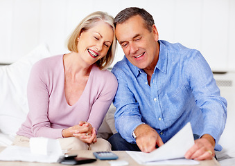 Image showing Home, financial and senior couple with documents, taxes and mortgage debt with insurance checklist, invest and asset management. Apartment, old woman and mature man with paperwork and retirement fund