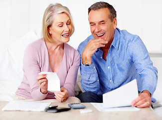 Image showing Home, financial and old couple with documents, taxes and mortgage debt with insurance checklist, savings and asset management. Apartment, senior woman or mature man with investment or retirement fund