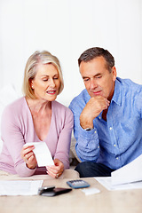 Image showing Home, finance and old couple with documents, savings or mortgage debt with insurance checklist, taxes or asset management. Apartment, senior woman or mature man with paperwork, budget or retirement