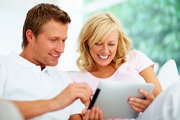 Image showing Couple, tablet and smile in home for social media, download ebook app and streaming internet show. Happy man, woman and scroll on digital technology, online shopping and search blog post in lounge