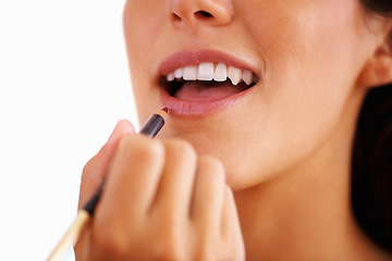 Image showing Woman, face and lipliner with smile for beauty, cosmetics and facial skincare for grooming in studio. Person, happy or lipstick application and product or pencil for makeup, cosmetology or aesthetic