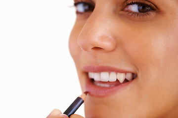 Image showing Woman, face and lipliner with smile for beauty, cosmetics and facial skincare for grooming in studio. Person, happy and lipstick application with product or pencil for makeup, cosmetology and mock up