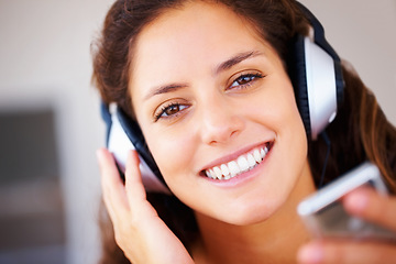 Image showing Music headphones, player and portrait with woman listening to playlist track, audio podcast or wellness sound. Closeup face, happiness and person smile for multimedia, song or streaming radio network