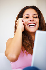 Image showing Happy, phone call and portrait of woman laughing at comic, funny or comedy joke in conversation at home. Smile, technology and person from Canada on mobile discussion with cellphone in modern house.
