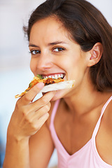 Image showing Pizza, eating and portrait of young woman for dinner, lunch or supper with positive attitude. Happy, smile and female person from Canada enjoying yummy fast food in her modern home or apartment.