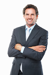 Image showing Portrait, mature business man and arms crossed in studio for corporate consulting, executive work and professional broker on white background. Happy manager, financial advisor or entrepreneur in suit