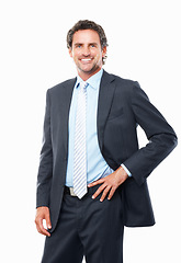 Image showing Portrait, happy business man and corporate accountant in studio with pride, professional experience or executive manager. Mature entrepreneur, financial salesman or broker in suit on white background