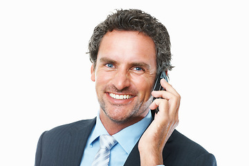 Image showing Businessman, phone call and smile for networking, portrait and deal on tech, chat and studio. Male person, communication and connection or discussion on smartphone, consulting and white background