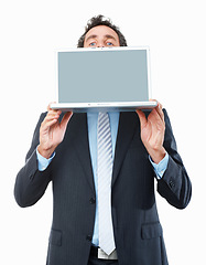 Image showing Business man, portrait or laptop screen in studio for advertising feedback, offer or mockup newsletter on white background. Worker cover face with computer for announcement, presentation or web space