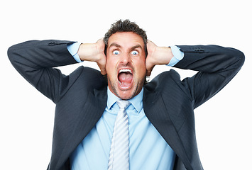 Image showing Frustrated, shouting and portrait of business man in studio for burnout crisis, problem and mistake. Corporate manager, stressed out and isolated worker screaming, angry and upset on white background