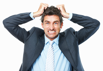 Image showing Frustrated, stress and portrait of business man in studio for burnout crisis, problem and mistake. Corporate manager, stressed out and isolated worker screaming, angry and upset on white background