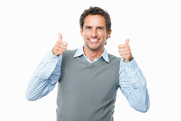 Image showing Smile, thumbs up and mature businessman in studio with approval, good and agreement expression. Happy, portrait and professional male person with positive hand gesture isolated by white background.