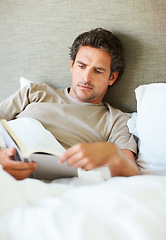 Image showing Man, reading and relax in bed with book, storytelling or learning about self care, information or knowledge. Mature, person and research history in biography, novel or fiction in home or bedroom