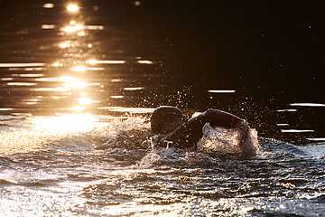 Image showing Triathlon athlete swimming on lake in sunrise wearing wetsuit