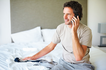 Image showing Phone call, home and business man with clothes in bedroom getting ready for work, job and career. Technology, communication and happy person with tie on cellphone for conversation, chat and contact