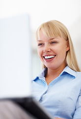 Image showing Businesswoman, happy or confident with laptop, corporate career and technology with professional with remote work. Young person, smile and computer with online and company consultant for start up