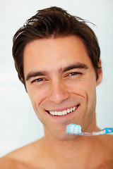 Image showing Portrait, man and brushing teeth for dental wellness, morning routine and healthy gums in studio on white background. Face of happy mature guy with toothbrush, toothpaste or cleaning for fresh breath