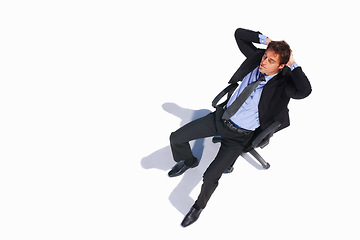 Image showing Business man, tired and sleeping of a corporate professional in chair with nap in studio. Worker, male employee and suit with calm and relax with white background with job and career of mockup space