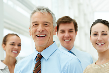 Image showing Portrait, leadership and laughing with a senior man in the office as a CEO, manager or boss of a company. Face, funny and management with a happy mature leader in the workplace for a corporate job