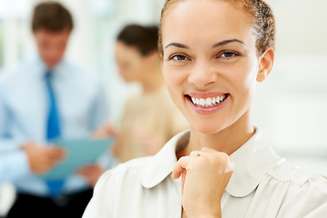 Image showing Happy, portrait and business woman in the office with positive, good and confident attitude. Smile, pride and professional female designer from Mexico with creative career in modern workplace.