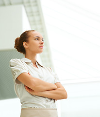Image showing Business woman, thinking and confident on idea, leadership and contemplating career future in office. Female person, arms crossed and pride for profession, opportunity and vision or inspiration