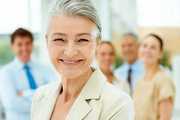 Image showing Portrait, corporate and leadership with a senior woman in the office as a CEO, manager or boss of a company. Face, smile and management with a happy elderly business leader in the workplace for a job