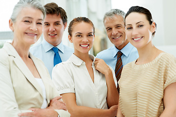 Image showing Smile, portrait and team of business people in the office with positive, good and confident attitude. Happy, diversity and group of professional employees for collaboration and unity in workplace.