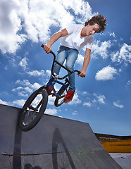 Image showing Bike, jump and teen on ramp for sport performance, ride or training for event at park with sky. Bicycle, stunt or kid balance on edge of board for cycling trick in competition or challenge with risk