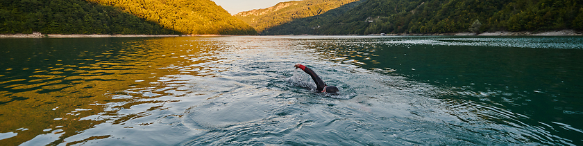 Image showing Triathlon athlete swimming on lake in sunrise wearing wetsuit