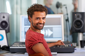 Image showing DJ, radio technician and recording studio portrait with a man and music producer with tech and computer. Sound engineer, audio and media editor with a professional in musician booth with synthesizer