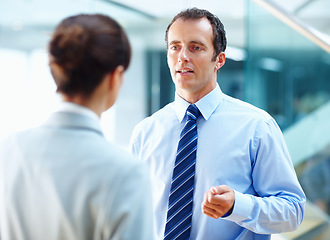 Image showing Discussion, office and business people for conversation, talking and speaking in workplace. Corporate lawyers, company team and man and woman chat for collaboration, working together and networking