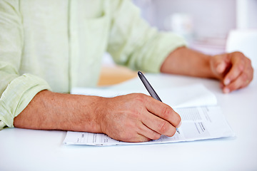 Image showing Closeup, hands and entrepreneur with man, contract and professional with information, paperwork and signing. Person, employee and guy with documents, office and agreement with b2b deal and writing