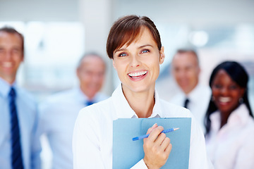 Image showing Happy, meeting and portrait of business woman with team for collaboration, leadership and management. Corporate worker, company and face of manager for professional career, job and work in office