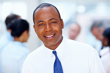 Image showing Happy, meeting and portrait of business black man with team for collaboration, leadership and management. Corporate worker, company and face of boss for professional career, job and work in office