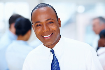 Image showing Team, meeting and portrait of business black man for collaboration, leadership and management. Corporate, company and face of happy manager for professional career, job and opportunity in office