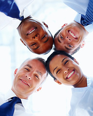 Image showing Portrait, businesspeople and together with low angle in office for diversity, unity and support. Corporate, man and woman by smile on face for global, inclusion or community for future partnership