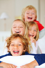 Image showing Happy, laugh and portrait of sibling children in home for bonding, love and cute relationship on sofa. Family, childhood and face of young kids for playing, fun and relaxing in living room together