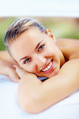 Image showing Portrait, smile and woman with luxury for massage to relax, wellness and health with weekend break, stress relief and calm. Peaceful, happiness and spa for physical therapy, body treatment and face