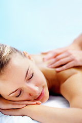 Image showing Spa, massage and relax with woman, luxury resort and health with body care, treatment and holiday. Person, masseuse and girl on a weekend break, calm and wellness with peace, stress relief and zen